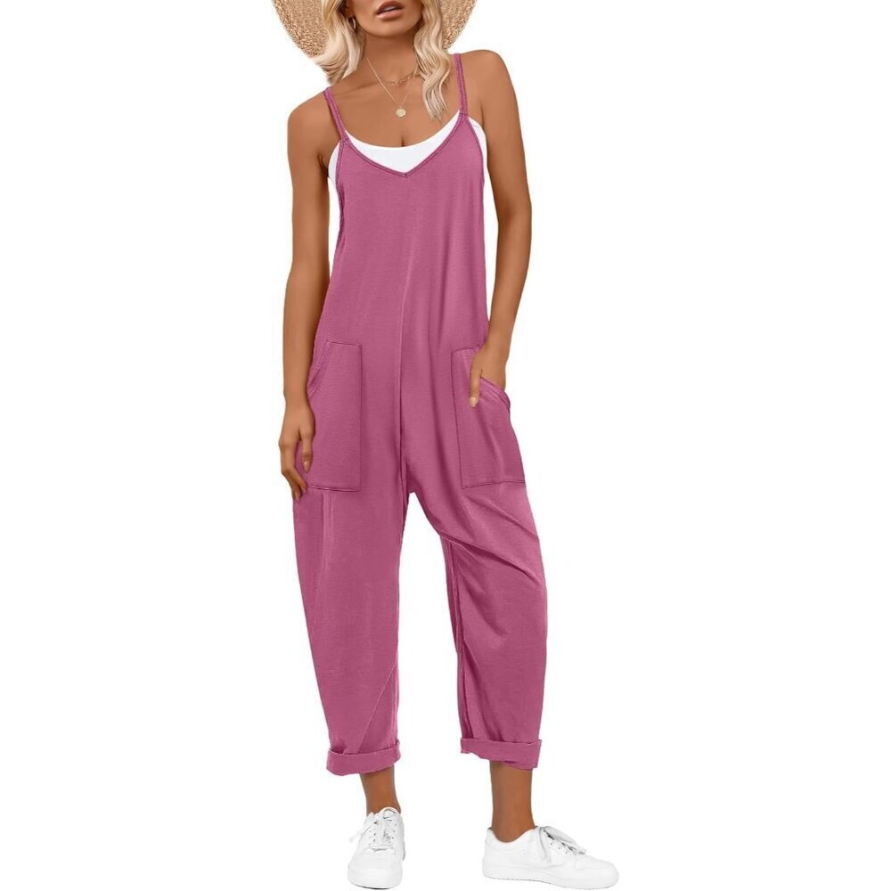 Women Pink Casual Summer Overall Sleeveless Spaghetti Strap Romper Jumper